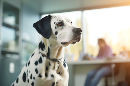 Dalmatian dog sitting in office with his owner in background