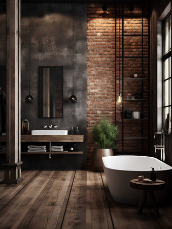 Bathroom interior with brown brick walls, wooden floor, black bathtub and wooden floor. 3d renderingの素材