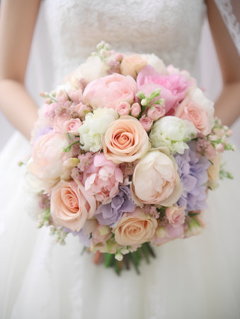 Wedding bouquet of roses and hydrangeas in the hands of the brideの素材