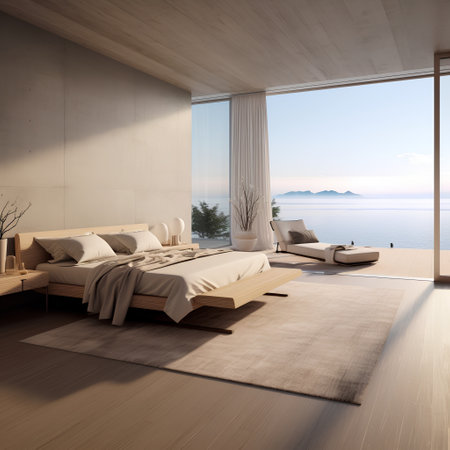 Interior of modern bedroom with wooden and concrete walls, carpet on the floor and panoramic window overlooking the sea. 3d renderingの素材