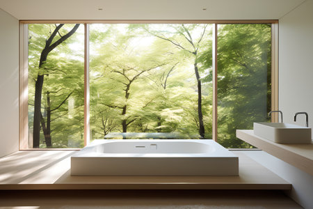 Interior of modern bathroom with white walls, concrete floor, comfortable bathtub standing on white countertop and panoramic window with green forest. 3d renderingの素材