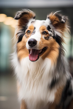 Portrait of australian shepherd dog in a pet shop.の素材