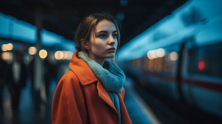 Beautiful young woman in red coat at the train station at nightの素材