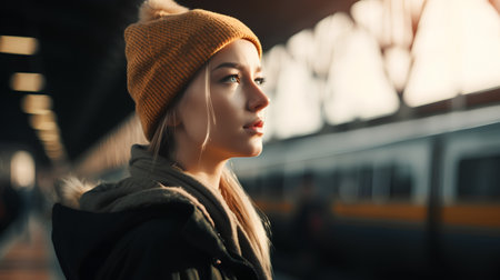 Portrait of a beautiful girl in a hat and coat at the train stationの素材