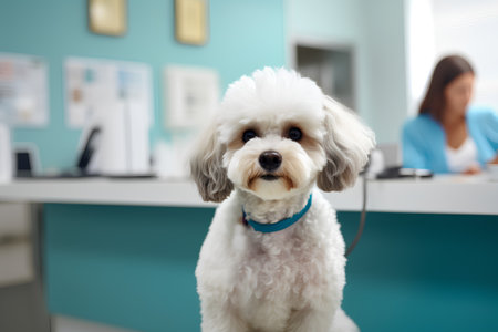 Portrait of a cute bichon frise dog in a veterinary clinicの素材