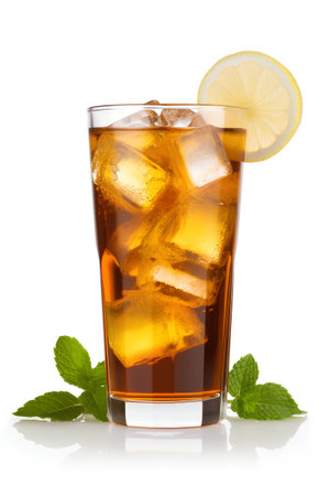 Cola with ice cubes, lemon and mint leaves isolated on white backgroundの素材