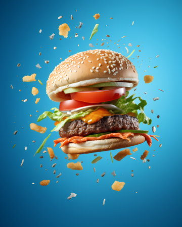 Burger with flying ingredients isolated on blue background. 3d renderingの素材