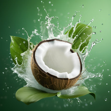 Coconut with water splash on green background. 3d illustrationの素材