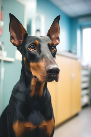 Portrait of a thoroughbred doberman dog in a veterinary clinic.の素材