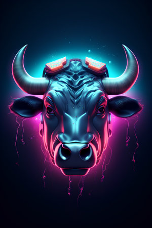 Neon bull head with neon lights on background. Vector illustration.の素材