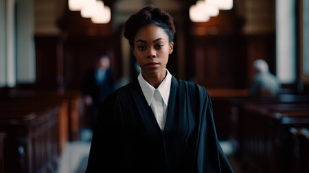 Serious african american woman in black suit standing in church.の素材