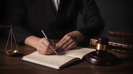 Female lawyer working with documents and wooden gavel. Law concept.の素材