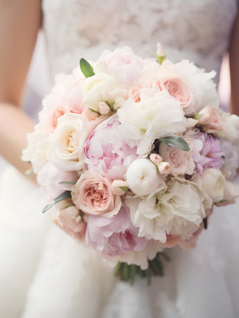 Wedding bouquet of different flowers in the hands of the brideの素材