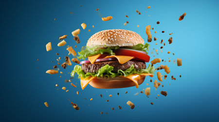Burger with flying ingredients isolated on blue background. 3d renderingの素材