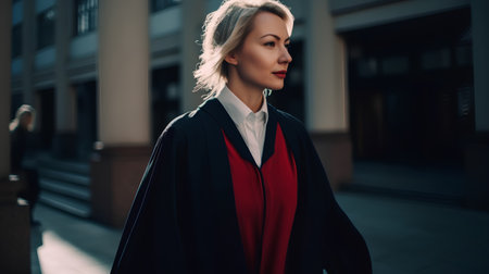Beautiful young blonde woman in a red coat and black coat walking on the street.の素材