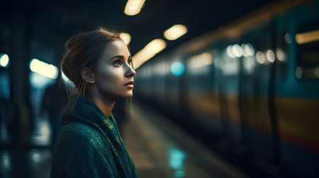 Beautiful young woman in a train station at night. Portrait.の素材