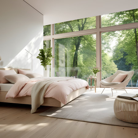 Modern bedroom with white walls, wooden floor, comfortable king size bed with pink pillows and armchair. 3d renderingの素材