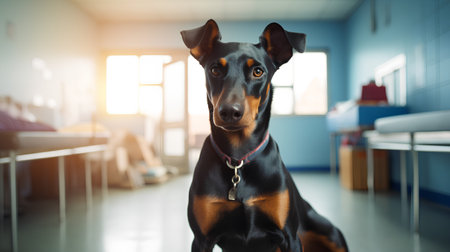 Portrait of a doberman dog sitting in a room at homeの素材