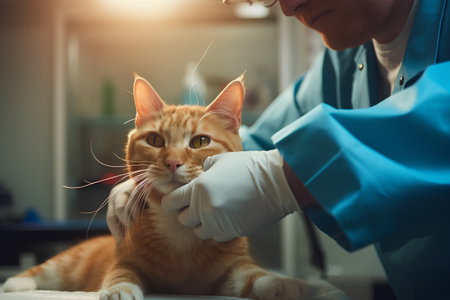 Veterinarian examining a cat in a veterinary clinic. Selective focus.の素材