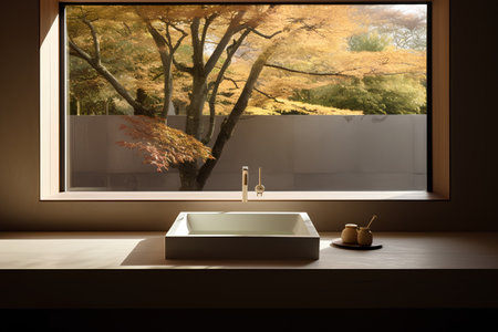 Interior of modern bathroom with concrete walls, concrete floor, comfortable white bathtub and panoramic window with autumn landscape. 3d renderの素材