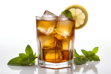 Glass of cola with ice cubes, lemon and mint on white backgroundの素材