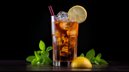Glass of iced tea with lemon and mint on black background.の素材