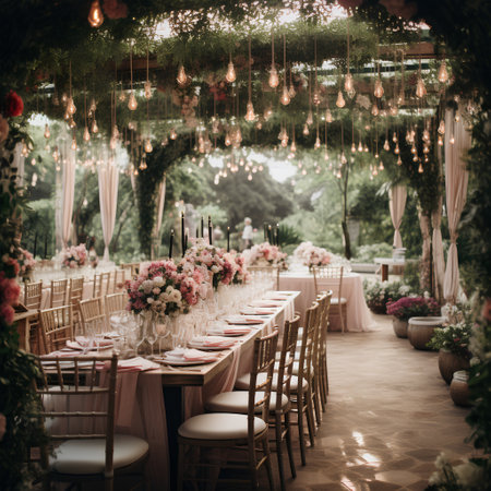 Wedding table set for a romantic dinner in the garden.の素材