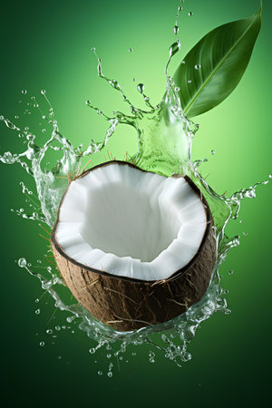 Coconut in water splash on green background. 3d renderingの素材