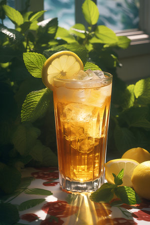 Glass of ice tea with lemon and mint leaves on the table.の素材