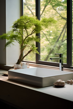 Bonsai tree and faucet in modern bathroom interior.の素材