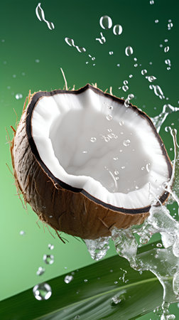 Coconut with water splash on green background. 3d illustrationの素材