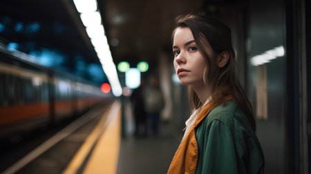 Portrait of a beautiful young woman standing in the subway station.の素材