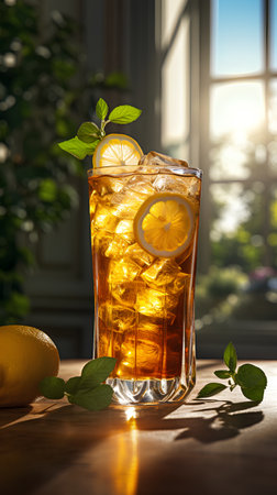 Glass of iced tea with lemon and mint on wooden table.の素材