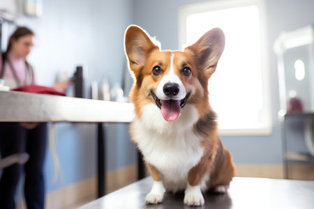 Portrait of a cute Welsh Corgi dog sitting on a table in a veterinary clinicの素材