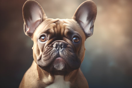 Portrait of a french bulldog looking at the camera on a dark backgroundの素材