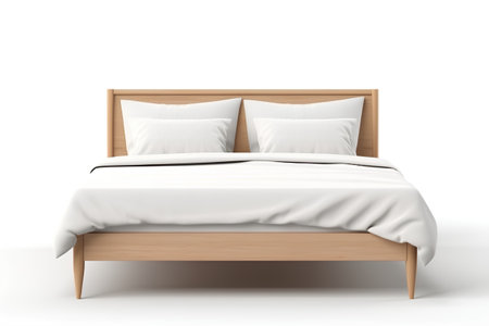 Wooden double bed with white linen on a white background. 3d renderingの素材