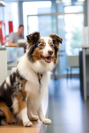 Portrait of a beautiful Australian Shepherd dog sitting on a table in an officeの素材