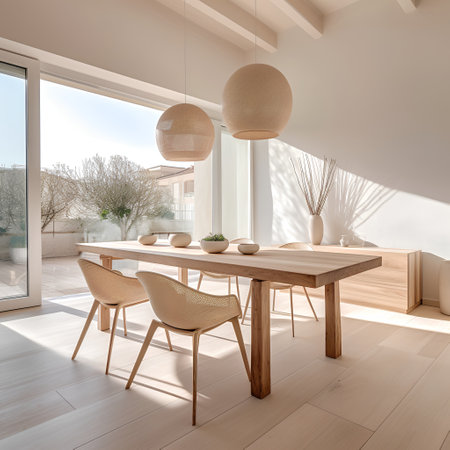 Interior of modern dining room with white walls, wooden floor, round wooden table and chairs. 3d renderingの素材
