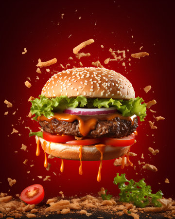 Hamburger with flying ingredients on a red background. 3d renderingの素材
