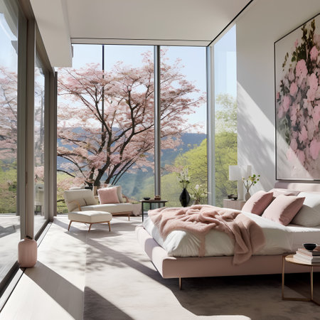 Modern bedroom interior design with a large window overlooking the garden. 3D renderingの素材