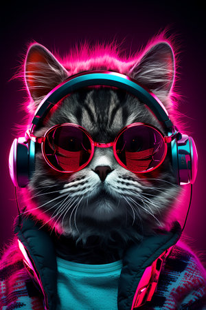Fashionable cat with headphones listening to music. Pink background.の素材