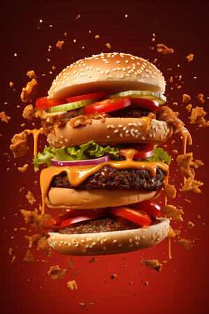 Big tasty cheeseburger with flying ingredients, isolated on red backgroundの素材