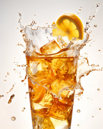 Glass of cola with ice cubes and lemon slices, isolated on white backgroundの素材