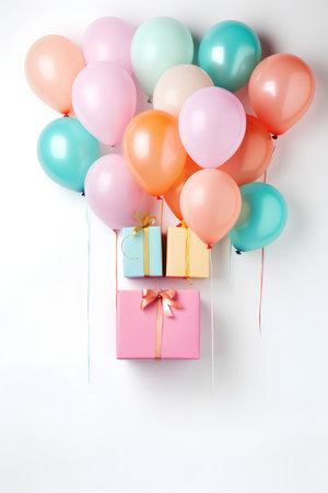 Gift boxes and colorful balloons on white background. 3d illustrationの素材