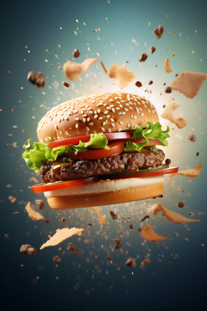 Flying hamburger with flying ingredients on blue background. 3d renderingの素材