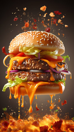 Hamburger with flying ingredients isolated on black background 3d renderingの素材