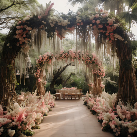Wedding arch decorated with flowers. Wedding in the tropicsの素材