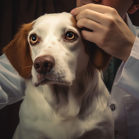 Veterinarian examining a dog in a veterinary clinic, closeupの素材
