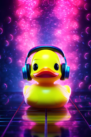 Duck with headphones on a disco background. 3d illustration.の素材