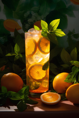 Cocktail with orange, mint and ice on a dark backgroundの素材